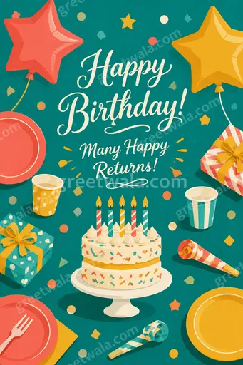 Cheerful modern flat-vector birthday card displaying Happy Birthday Many Happy Returns with colorful balloons and festive confetti.