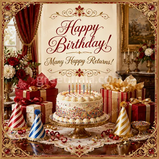 Ornate traditional birthday card with golden flourishes, warm festive glow, elegant Happy Birthday Many Happy Returns lettering.