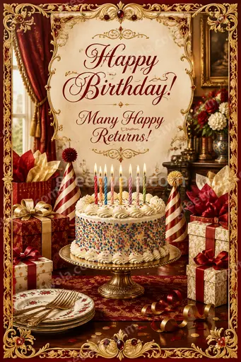 Ornate traditional birthday card with golden flourishes, warm festive glow, displaying Happy Birthday Many Happy Returns elegantly.