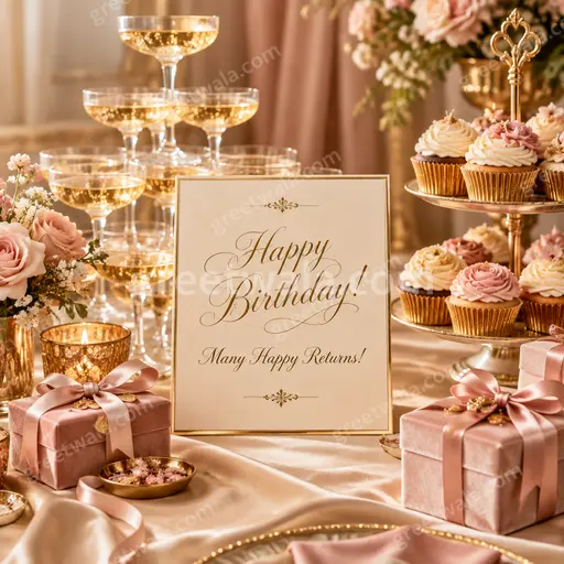 Premium Happy Birthday card displaying Happy Birthday Many Happy Returns with elegant golden festive joyful luxury.