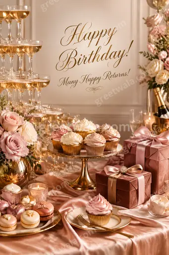 Premium showcase birthday card displaying Happy Birthday Many Happy Returns with elegant golden festive luxurious joyful style.