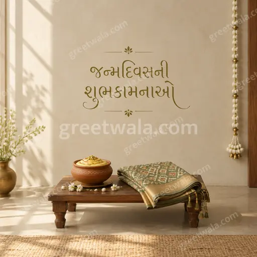 Elegant minimal Happy Birthday card in soft cream and gold, serene florals, showcasing જન્મદિવસની શુભકામનાઓ with timeless grace.