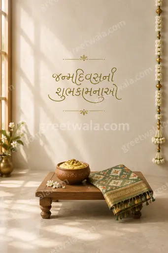 Elegant minimal birthday card with soft golden accents, calm festive mood, featuring Gujarati greeting "જન્મદિવસની શુભકામનાઓ" beautifully centered.