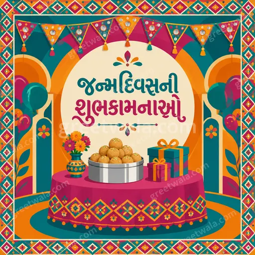Cheerful modern flat vector birthday card in warm festive colors displaying Gujarati greeting જન્મદિવસની શુભકામનાઓ with balloons and confetti.