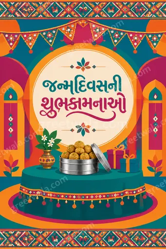 Modern flat vector birthday card with cheerful balloons, cake, and Gujarati text જન્મદિવસની શુભકામનાઓ in festive colors.