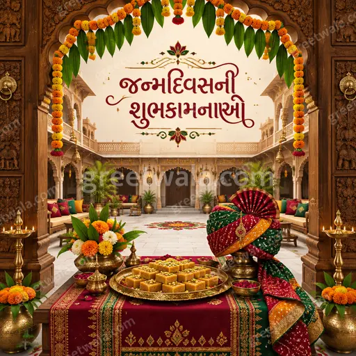 Ornate traditional Gujarati Happy Birthday card displaying જન્મદિવસની શુભકામનાઓ with festive floral motifs and warm celebratory elegance.