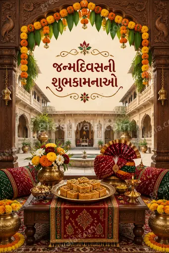 Ornate traditional Gujarati birthday card displaying 'જન્મદિવસની શુભકામનાઓ' with golden motifs, marigolds, warm festive blessings.
