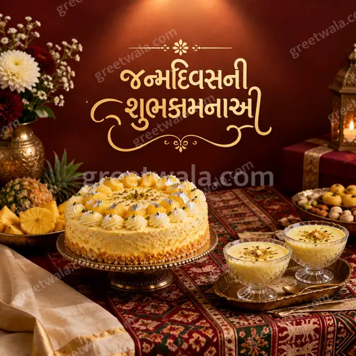 Premium Gujarati Happy Birthday card displaying 'જન્મદિવસની શુભકામનાઓ' with elegant festive florals in warm joyful tones.