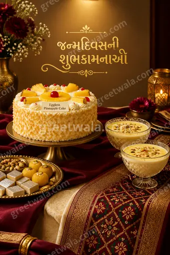 Elegant premium birthday card displaying જન્મદિવસની શુભકામનાઓ with golden balloons, festive lights, and joyful celebratory charm.