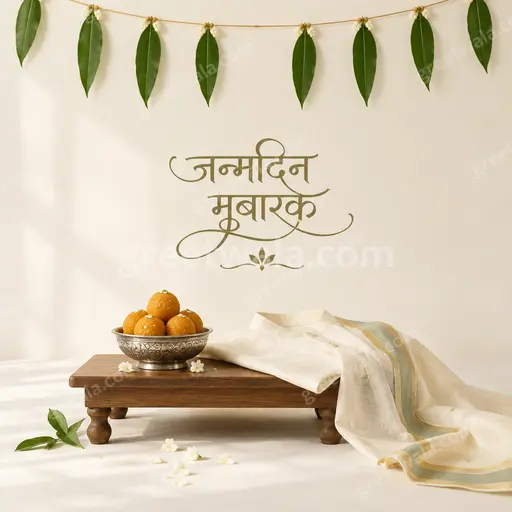 Elegant minimal birthday card with soft golden accents and calm festive warmth displaying जन्मदिन मुबारक beautifully.