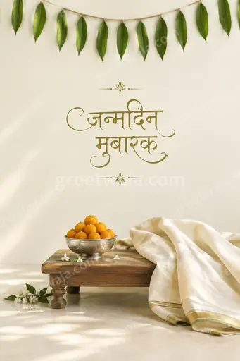 Elegant minimal birthday card with soft golden accents displaying जन्मदिन मुबारक in graceful Hindi calligraphy on ivory.