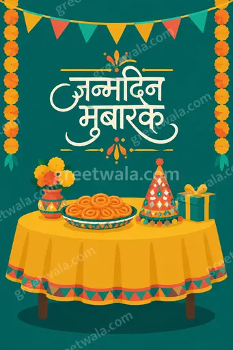 Cheerful modern flat vector birthday card displaying जन्मदिन मुबारक with colorful balloons, cake, and festive confetti accents.