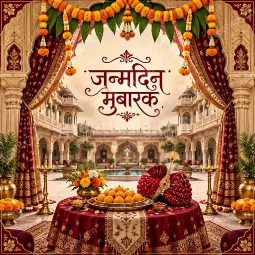 Ornate traditional Happy Birthday card displaying जन्मदिन मुबारक with festive golden motifs and warm joyful celebratory elegance.