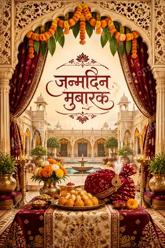 Ornate traditional birthday card glowing with golden motifs, marigolds and diyas, radiating warm festive joy around जन्मदिन मुबारक.