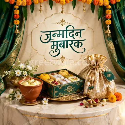 Luxurious festive Happy Birthday card displaying जन्मदिन मुबारक in gold with elegant florals and joyful celebratory glow.
