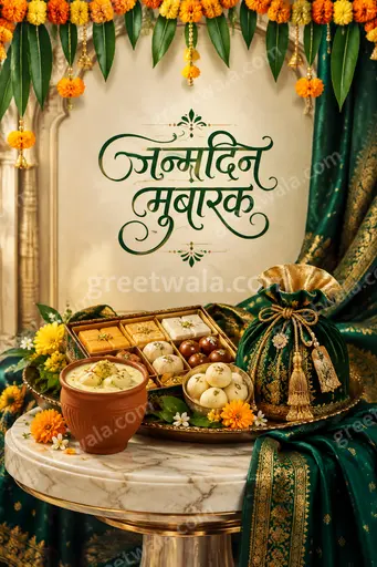 Premium Hindi Happy Birthday card displaying 'जन्मदिन मुबारक' with elegant festive gold accents and joyful celebratory warmth.