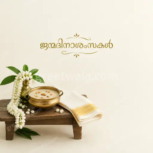 Elegant minimal birthday card with soft cream background, delicate gold accents, and warm Malayalam greeting ജന്മദിനാശംസകൾ centered gracefully.