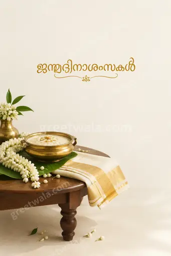 Elegant minimal birthday card displaying ജന്മദിനാശംസകൾ in graceful Malayalam script with soft warm festive glow.