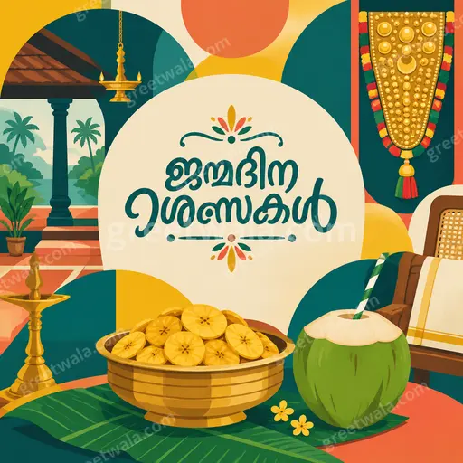 Cheerful modern flat vector birthday card with balloons, cake and festive confetti featuring Malayalam text ജന്മദിനാശംസകൾ.