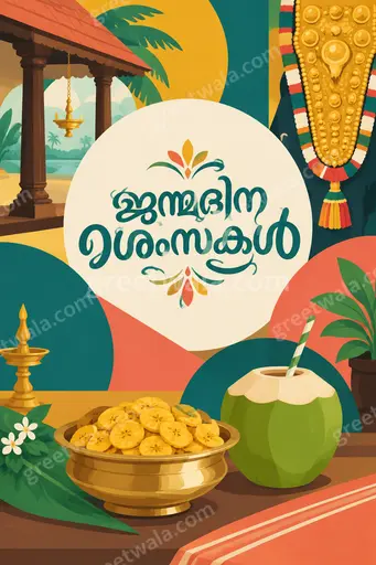 Cheerful modern flat vector birthday card displaying ജന്മദിനാശംസകൾ with colorful balloons, cake, and festive confetti accents.