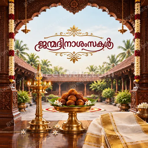 Ornate traditional birthday card with golden motifs, warm festive glow, displaying Malayalam greeting ജന്മദിനാശംസകൾ elegantly.