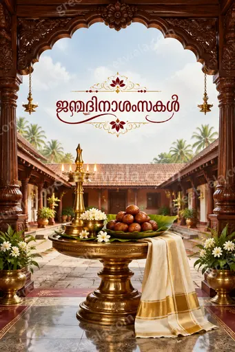 Ornate traditional Happy Birthday card featuring ജന്മദിനാശംസകൾ in gold, with elegant florals and warm festive joy.