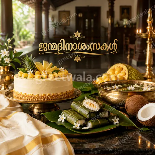 Premium golden Malayalam Happy Birthday card displaying 'ജന്മദിനാശംസകൾ' with warm festive balloons, cake and elegant joyful sparkle.