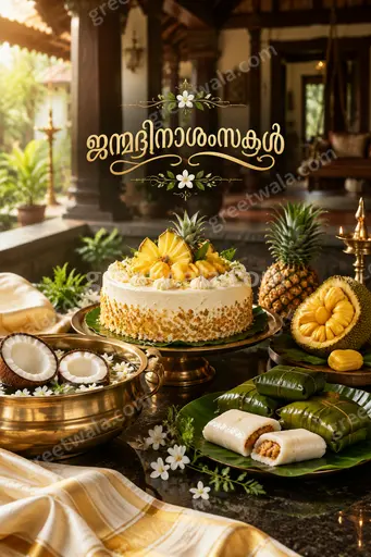 Premium Happy Birthday showcase card in Malayalam displaying ജന്മദിനാശംസകൾ with elegant festive gold accents and joyful celebratory mood.