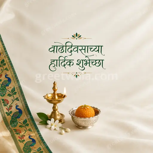 Elegant minimal Happy Birthday card in soft neutrals showcasing 'वाढदिवसाच्या हार्दिक शुभेच्छा' with graceful festive warmth.