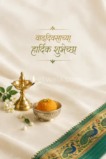 Elegant minimal birthday card with soft gold florals and Marathi text वाढदिवसाच्या हार्दिक शुभेच्छा on serene cream background.