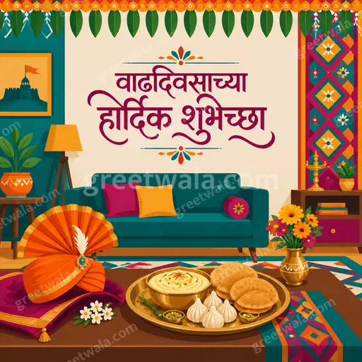 Modern flat vector birthday card in warm festive tones displaying वाढदिवसाच्या हार्दिक शुभेच्छा with balloons and confetti.