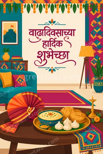 Modern flat vector card displaying 'वाढदिवसाच्या हार्दिक शुभेच्छा' with cheerful balloons, cake, and festive joyful elegance.