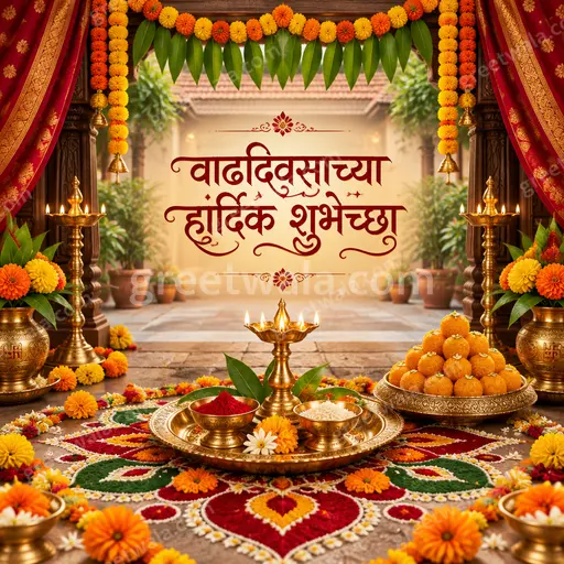 Ornate traditional Marathi birthday card displaying वाढदिवसाच्या हार्दिक शुभेच्छा with festive golden floral joyful elegant design.