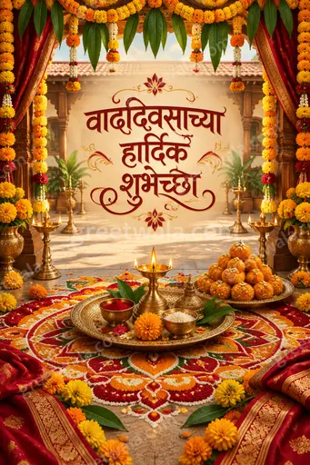 Ornate traditional card displaying वाढदिवसाच्या हार्दिक शुभेच्छा with golden motifs evoking warm festive blessings and joy.
