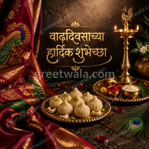 Elegant premium birthday card with golden floral accents, warm festive glow, displaying Marathi wishes in joyful celebratory style.