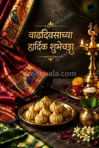 Premium Marathi birthday card displaying 'वाढदिवसाच्या हार्दिक शुभेच्छा' with elegant golden florals and joyful festive warmth.