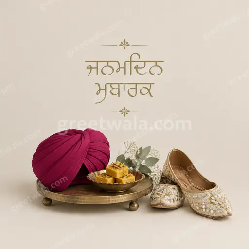 Elegant minimal birthday card displaying ਜਨਮਦਿਨ ਮੁਬਾਰਕ in graceful script with soft gold accents and serene background.