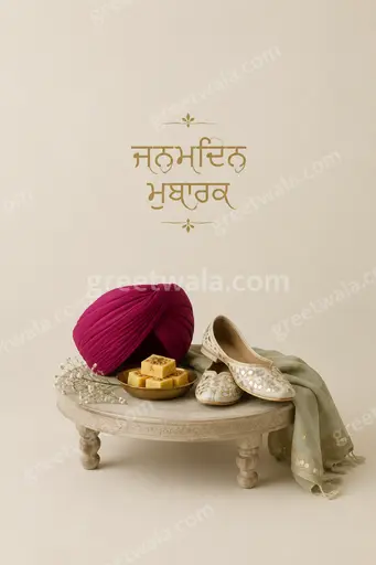 Elegant minimal birthday card with soft golden accents displaying ਜਨਮਦਿਨ ਮੁਬਾਰਕ in graceful Punjabi calligraphy.