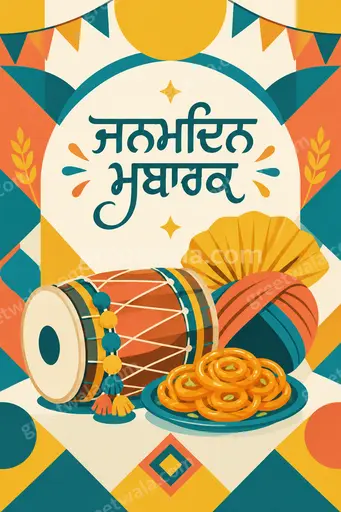 Cheerful modern flat vector birthday card with festive balloons, cake, confetti and Punjabi greeting ਜਨਮਦਿਨ ਮੁਬਾਰਕ.