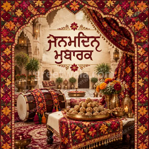 Ornate traditional Punjabi Happy Birthday card displaying ਜਨਮਦਿਨ ਮੁਬਾਰਕ with golden flourishes, warm festive elegance and joyful blessings.