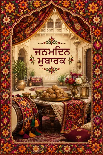 Ornate traditional Punjabi Happy Birthday card displaying 'ਜਨਮਦਿਨ ਮੁਬਾਰਕ' with festive golden motifs and warm celebratory elegance.
