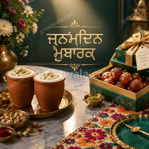 Premium Happy Birthday showcase card in Punjabi displaying ਜਨਮਦਿਨ ਮੁਬਾਰਕ with elegant festive gold and warm celebratory glow.