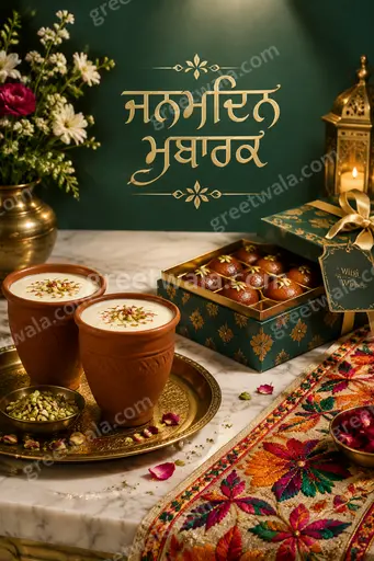 Premium showcase birthday card in Punjabi displaying ਜਨਮਦਿਨ ਮੁਬਾਰਕ with elegant gold accents and joyful festive celebration mood.