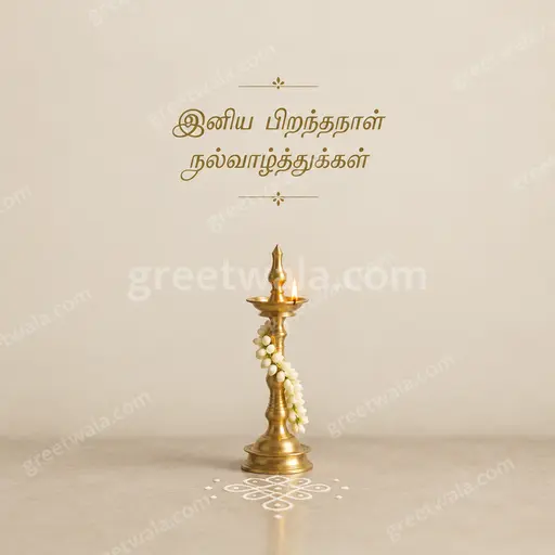 Elegant minimal Tamil Happy Birthday card with soft gold florals, calm festive mood, displaying 'இனிய பிறந்தநாள் நல்வாழ்த்துக்கள்' gracefully.