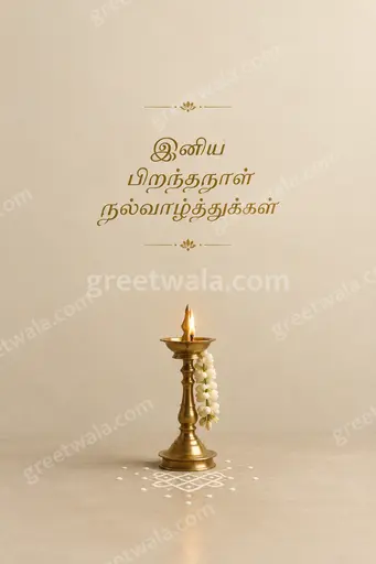 Elegant minimal Happy Birthday card in Tamil with warm golden typography on a calm ivory background.
