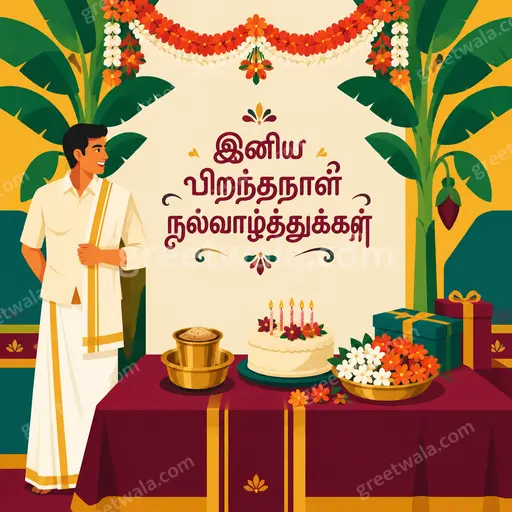 Cheerful flat vector birthday card in warm colors with balloons, cake, confetti around Tamil greeting text.