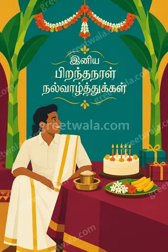 Cheerful modern flat vector birthday card with colorful balloons, cake, and joyful Tamil greeting text in festive style.