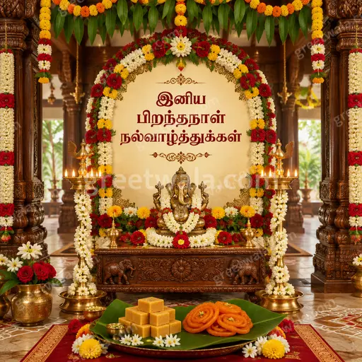 Ornate traditional Happy Birthday card in Tamil script radiating warm festive joy with elegant golden floral details.
