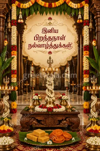 Ornate traditional Tamil birthday card displaying இனிய பிறந்தநாள் நல்வாழ்த்துக்கள் with golden florals, warm festive joyful elegance.