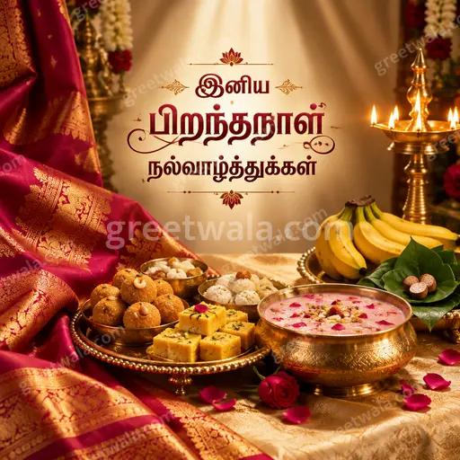 Luxurious festive birthday showcase with golden confetti, glowing candles, and elegant Tamil lettering radiating joyful warmth.